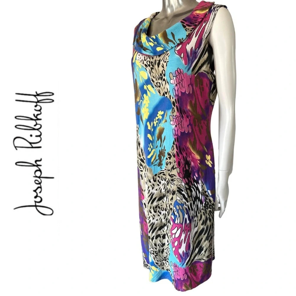 Joseph  Ribkoff Sleeveless Animal Print Cowl Neck Lined Sheath Dress Size 12 - Picture 3 of 9